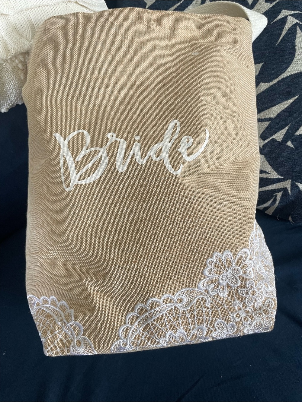Bride Embroidered Canvas Tote - Natural Beige with White Lace